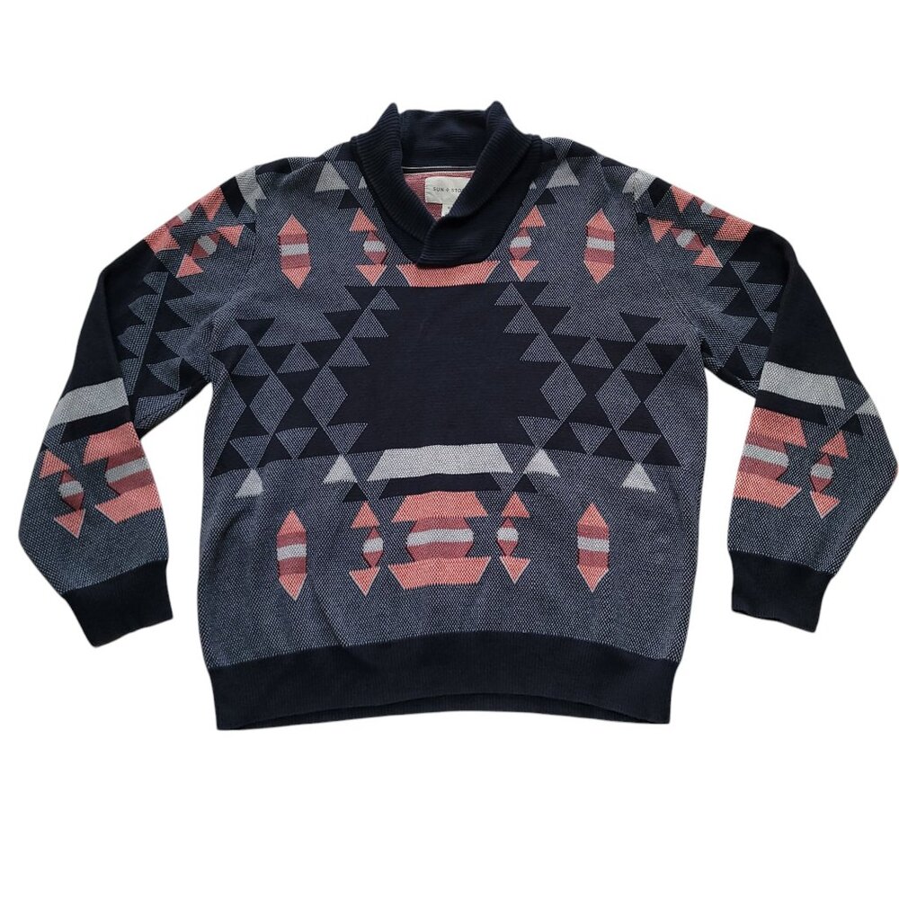 Men's Sweater Collar Knitted Cotton Aztec Southwestern Tribal XL Sun + Stone